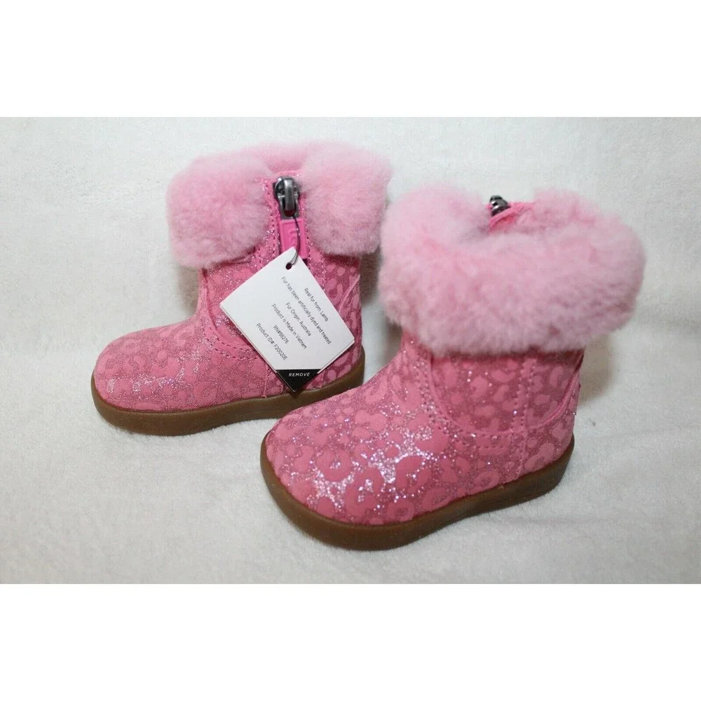 NIB UGG Girls Infant Metallic Pink‎ Leopard Shearling Boots Booties 2/3